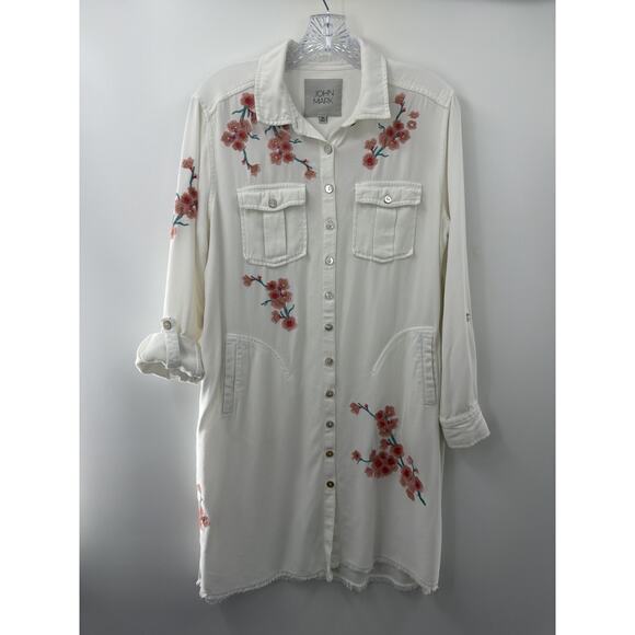 John Mark Women's Off White Floral Embroidered Shirt Dress Medium Country Chic - Picture 13 of 13